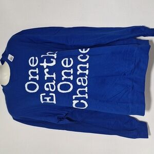 Blue Graphic Sweatshirt with White Eart Message One Earth One Chance